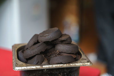 Close-up of chocolate cake on table