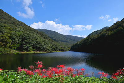 Scenic view of lake by mountain against sky