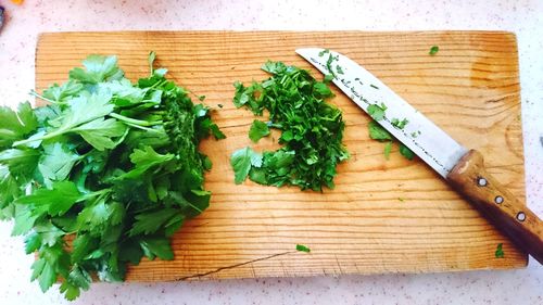 High angle view of chopped vegetables on cutting board