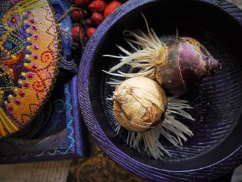 High angle view of vegetables in basket on table