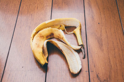 High angle view of banana peel on floorboard