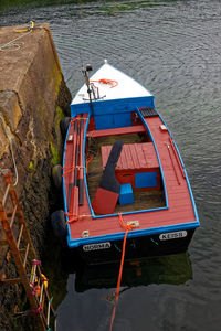 High angle view of ship moored at lake