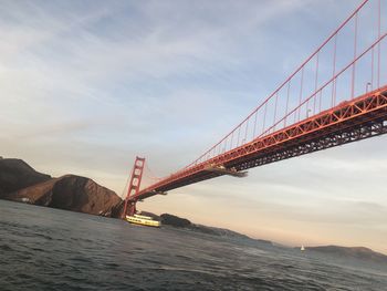 Low angle view of suspension bridge against sky