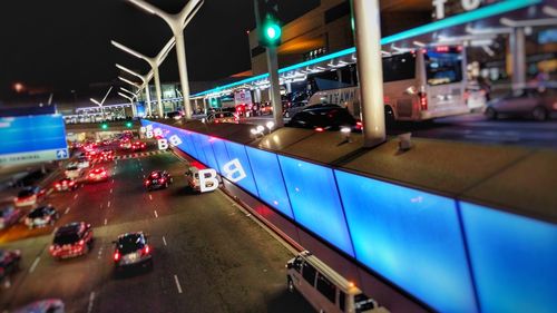 High angle view of traffic on city street at night