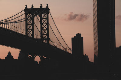 Silhouette of suspension bridge against cloudy sky