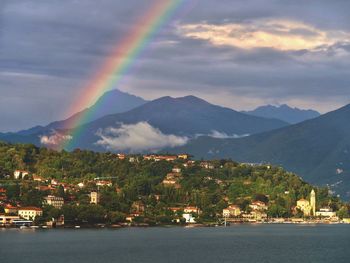 Scenic view of rainbow over mountains against sky