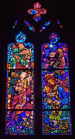 Low angle view of multi colored glass window of building