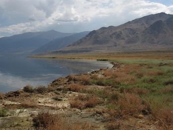 Scenic view of lake and mountains against sky