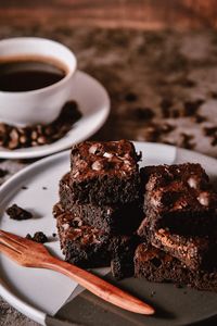 Close-up of coffee with chocolate cake