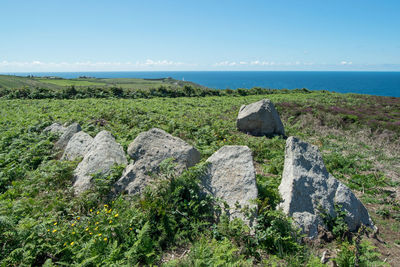 Rocks by sea against sky