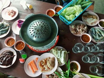 High angle view of breakfast on table