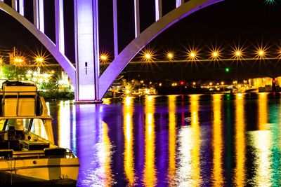 Illuminated bridge over river in city at night