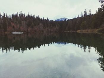 Scenic view of lake by trees against sky