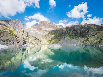 Scenic view of lake and mountains against sky