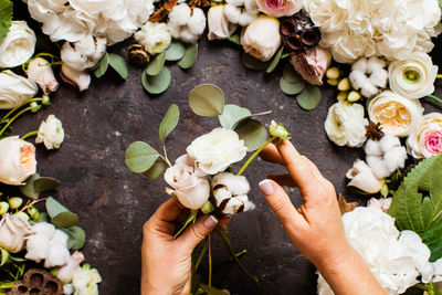 High angle view of hand holding white flowering plant