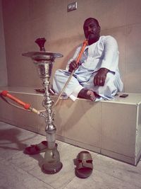 High angle view of man with umbrella