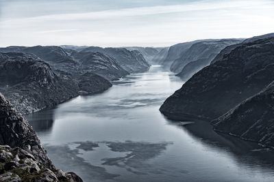 Scenic view of river amidst mountains against sky