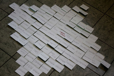 High angle view of text on floor