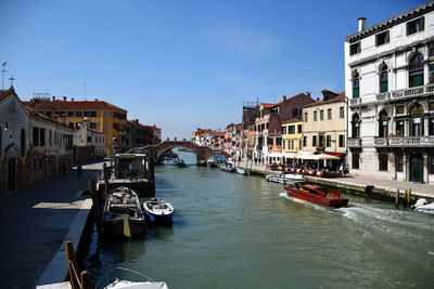 Canal amidst buildings in city against sky