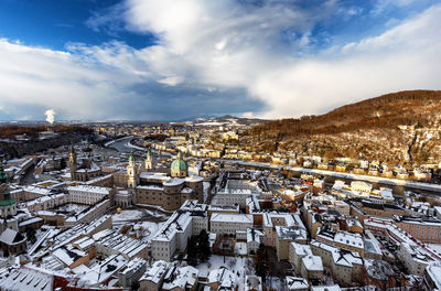 High angle shot of townscape against sky