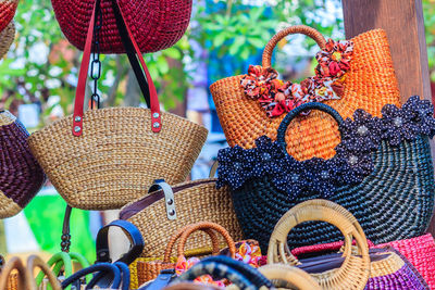 Close-up of wicker basket on table at market stall