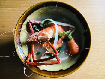 High angle view of meat in bowl