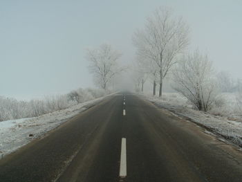 Empty road amidst bare trees in foggy weather during winter