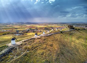 Windmills of cervantes don quixote in consuegra. castile la mancha, spain, europe. aerial view.