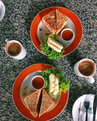 High angle view of breakfast on table