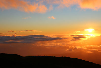 Scenic view of silhouette mountains against orange sky