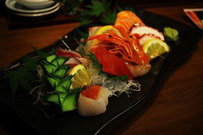 Close-up of sushi served on table