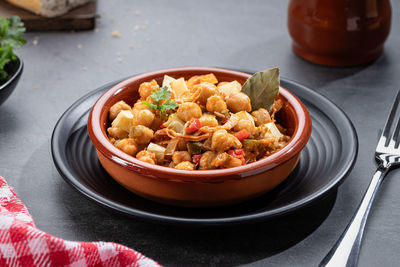 High angle view of food in bowl on table