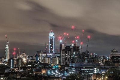 View of city lit up at night