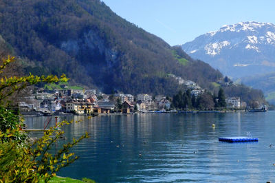 Scenic view of lake and mountains against sky