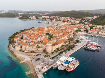 High angle view of boats in sea