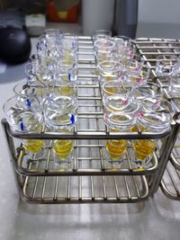 High angle view of wine glasses on table