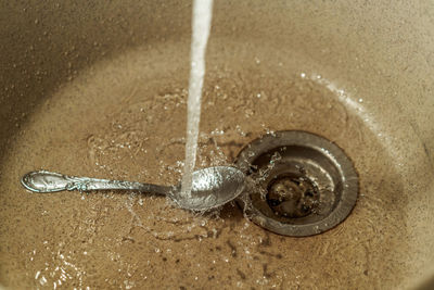 High angle view of snail on wet sand