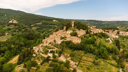 Stunning aerial view of the medieval tuscan village of cetona, italy.