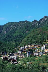 High angle view of townscape against clear blue sky