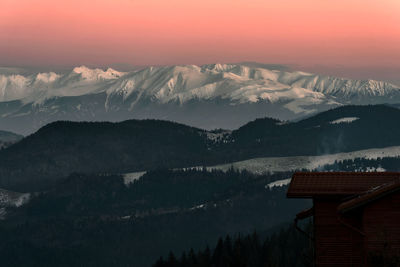 Scenic view of snowcapped mountains against sky during sunset