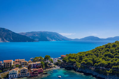 Scenic view of sea against clear blue sky