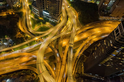 High angle view of light trails at night