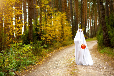 Rear view of woman with umbrella on footpath in forest