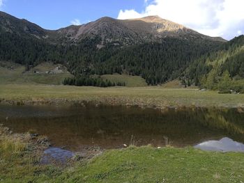 Scenic view of lake and mountains against sky