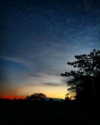 Silhouette trees on landscape against sky at sunset