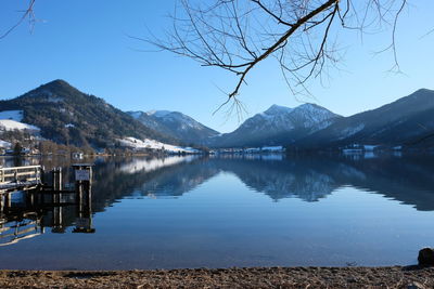 Scenic view of lake by mountains against clear sky