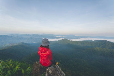 Rear view of man looking at mountain range