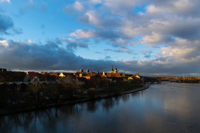 Panoramic view of buildings by river against sky in city