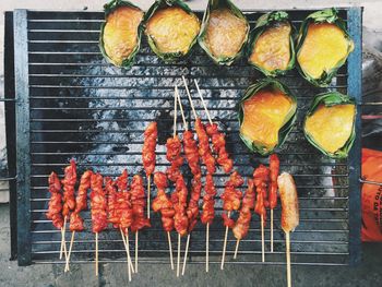 High angle view of vegetables on barbecue grill