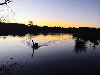 Reflection of trees in lake at sunset